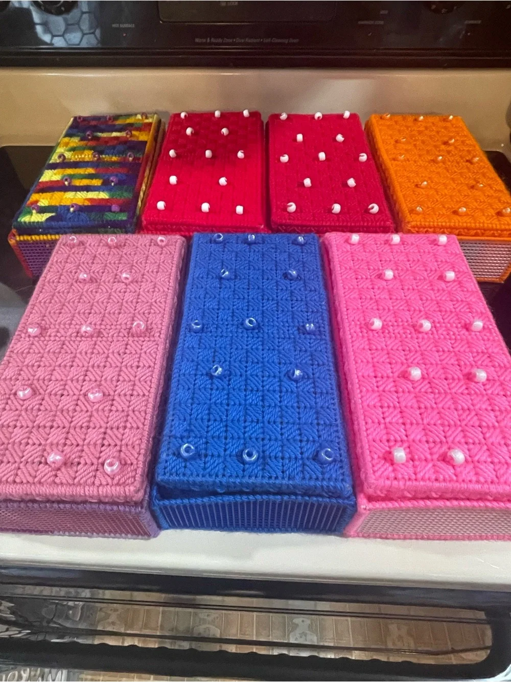 Vintage Hand Knitted Crochet Boxes Lot of 7 Various Size, Colour, Pattern